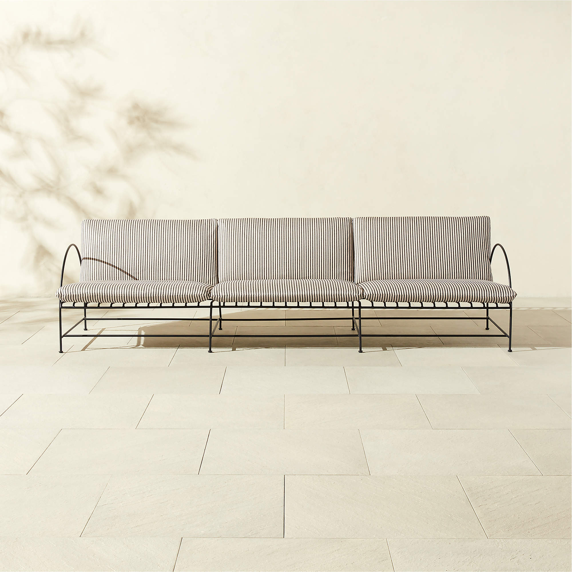 Costa 97" 3-Seat Black Metal Outdoor Sofa with Black And White Striped Sunbrella® Cushions
