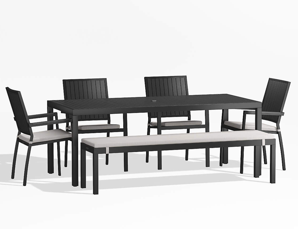 Alfresco 78" Black Metal Outdoor Dining Table Set with Bench and Silver Sunbrella Cushions