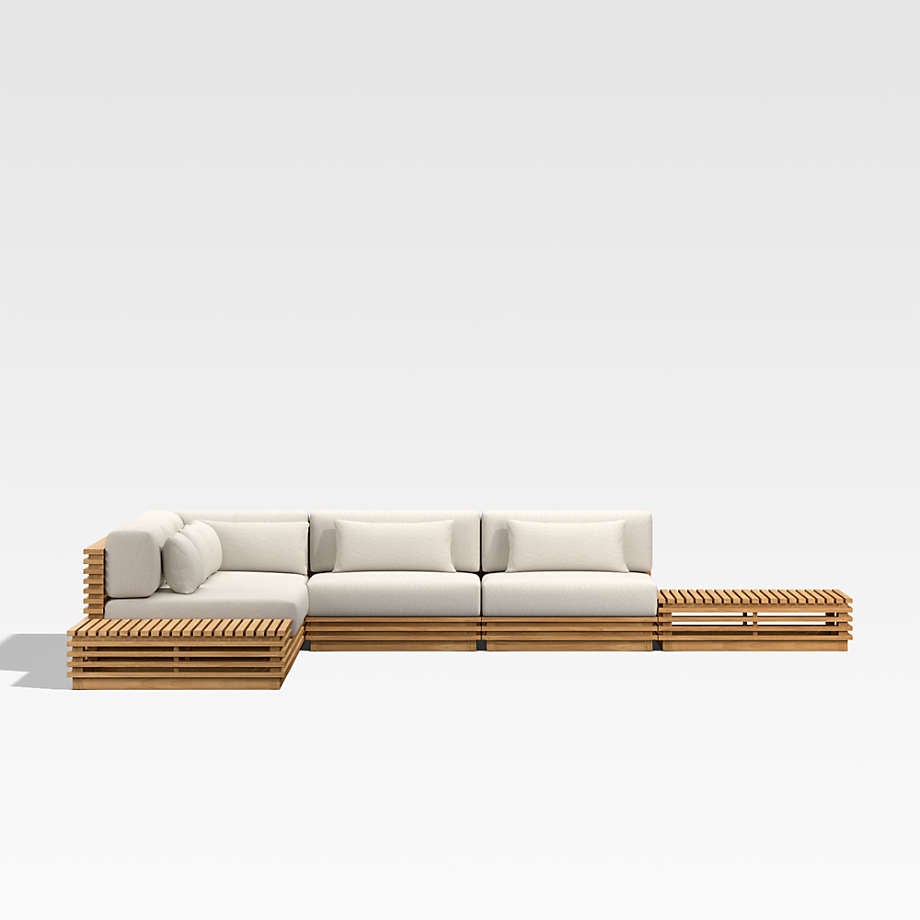 Batten Natural Teak 7-Piece L-Shaped Outdoor Sectional Sofa with Side Coffee Tables & Oat Cushions