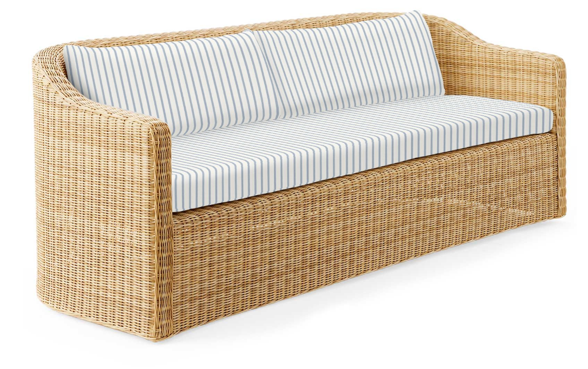 Tofino Sofa in Light Dune with Cushions in Lido Stripe in Coastal Blue